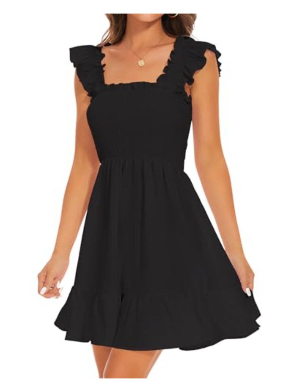 Women's Smocked Square Neck Ruffle Tiered A-Line Mini Swing Dress